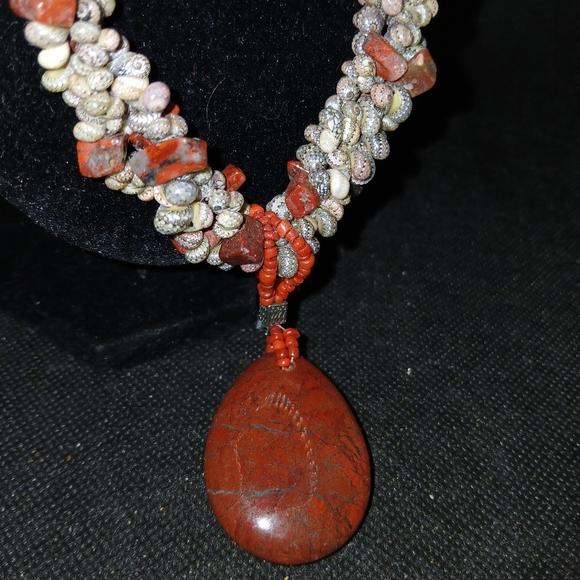 Vintage Handmade Abalone Coral Beaded Statement Necklace ,jasper pendant. 24 in - Picture 3 of 10